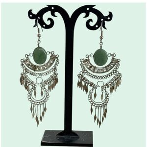 Tribal Statement Earrings Green Stone Dangles Boho Festival Jewelry